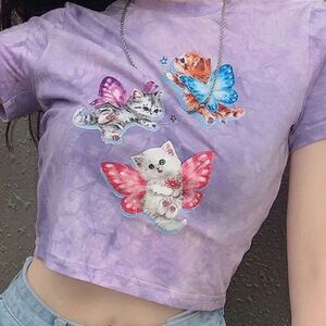 PURPLE TIE DYE FAIRY KITTEN CROPPED T-SHIRT